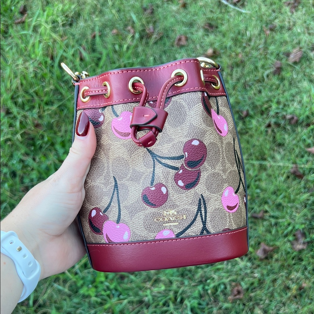 Coach Cherry Print Mini Bucket Bag - Red and Tan